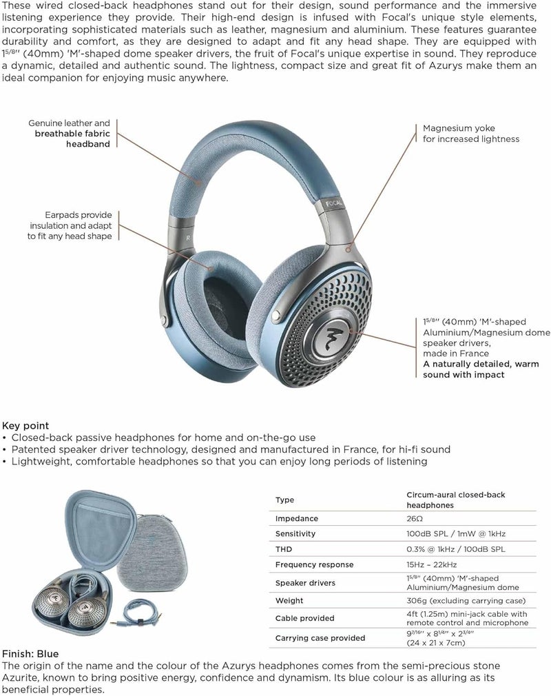 Focal Azurys Closed-Back Wired HiFi Headphones with Mic, No Latency, Blue - Image 2