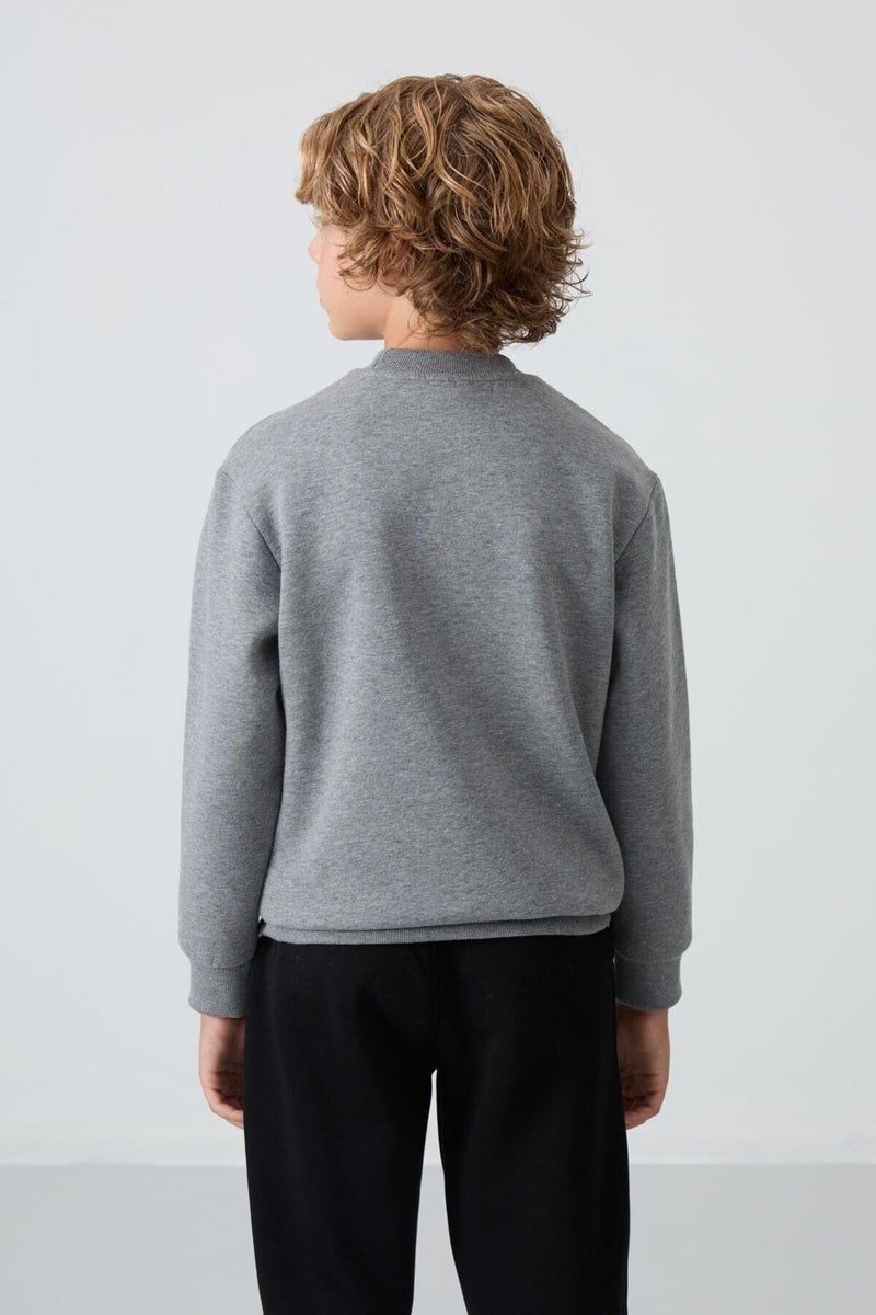 Tommy Life Gray Melange Cotton Thick Fluffy Soft Textured Standard Fit Embroidered Boy's Sweatshirt - 11232  - Image 5
