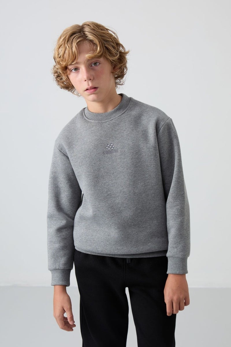 Tommy Life Gray Melange Cotton Thick Fluffy Soft Textured Standard Fit Embroidered Boy's Sweatshirt - 11232  - Image 4