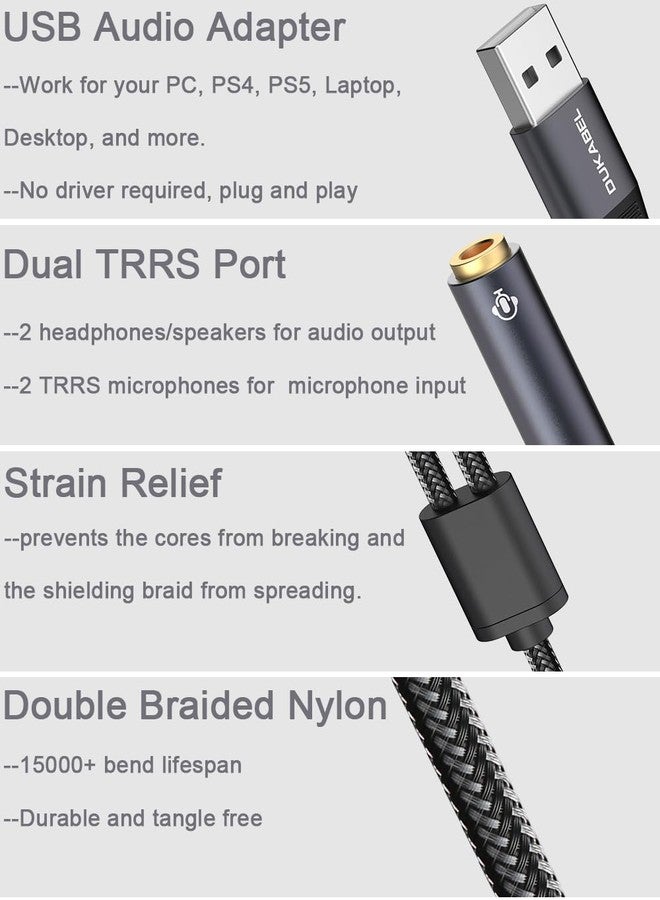 DUKABEL دوكابل موزع صوت USB، محول USB إلى جاك صوت 3.5 مم مع جاكين TRRS مزدوجين 4 أقطاب، موزع صوت ستيريو USB لأجهزة الكمبيوتر، اللابتوب، ماك، أجهزة سطح المكتب، لينوكس، PS4، PS5 والمزيد (رمادي) - Image 2
