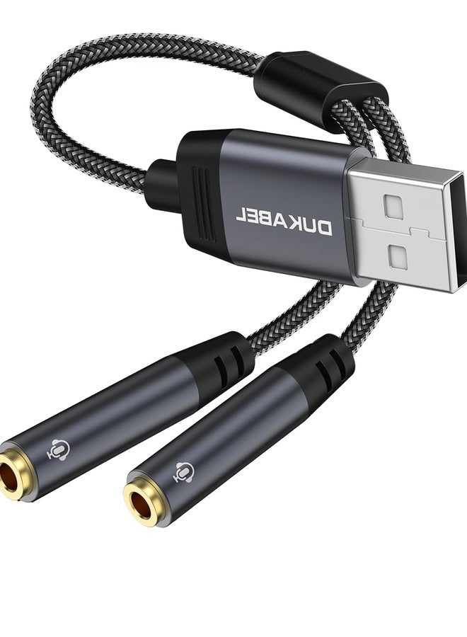 DUKABEL دوكابل موزع صوت USB، محول USB إلى جاك صوت 3.5 مم مع جاكين TRRS مزدوجين 4 أقطاب، موزع صوت ستيريو USB لأجهزة الكمبيوتر، اللابتوب، ماك، أجهزة سطح المكتب، لينوكس، PS4، PS5 والمزيد (رمادي) - Image 1