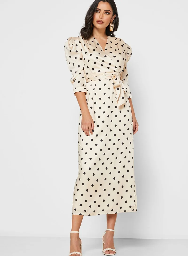 Khizana Polka Dot Wrap Front Midi Dress