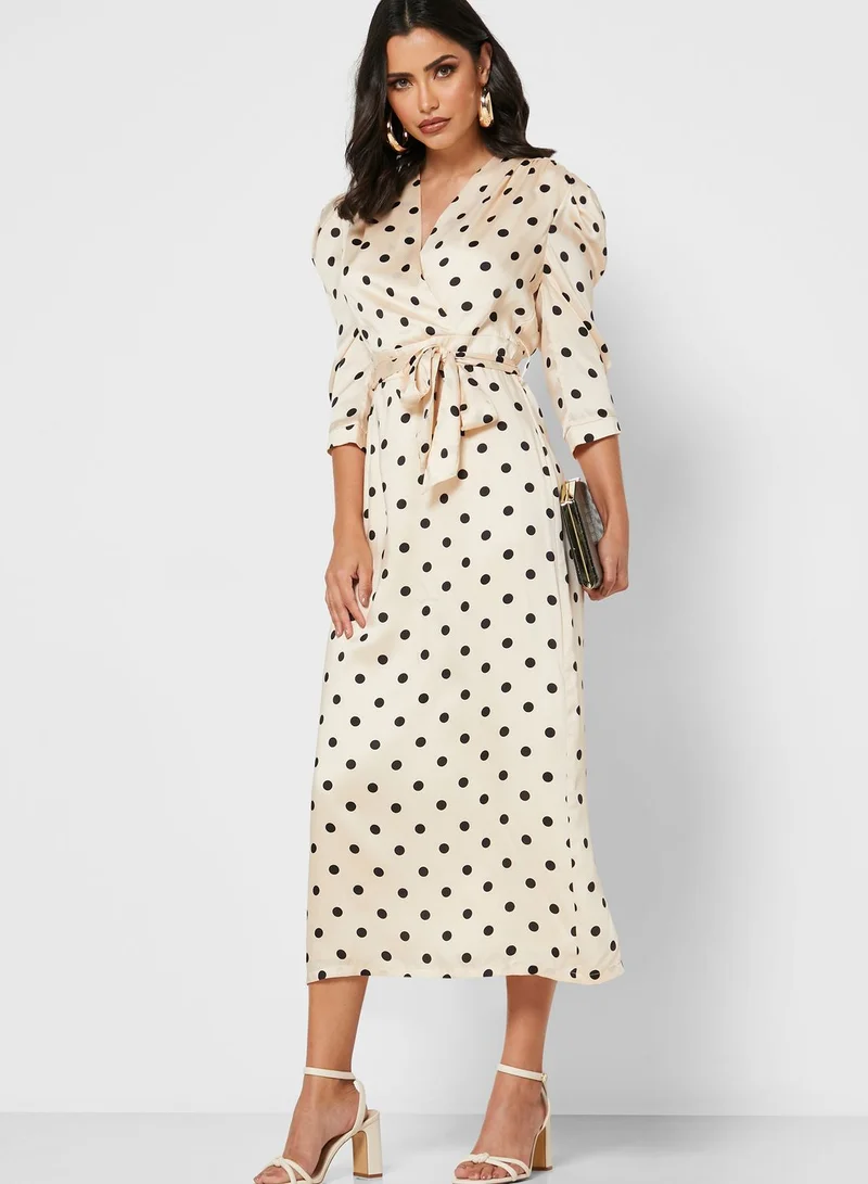 Khizana Polka Dot Wrap Front Midi Dress