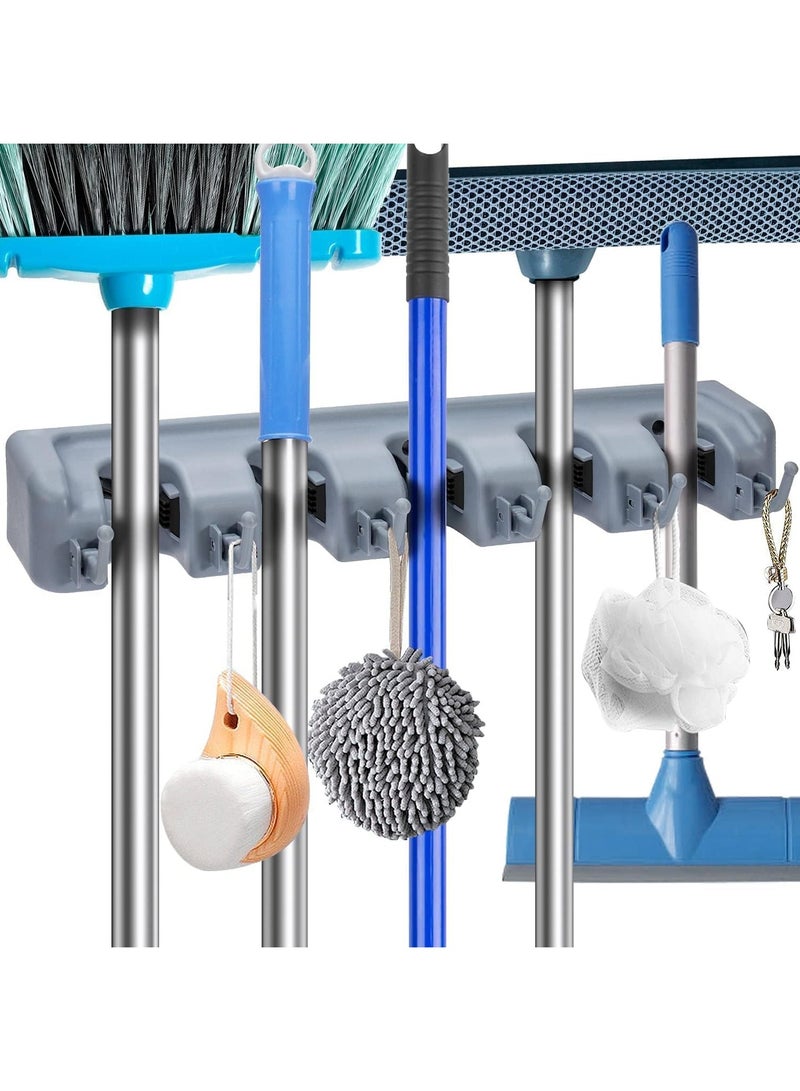 MARKQ Mop Broom Holder, Wall Mounted Storage Organizer Garden Tool Rack with 5 Position 6 Hooks for Home Kitchen Laundry Brush Garage Tools Storage Bathroom Mop Hook  - Image 1