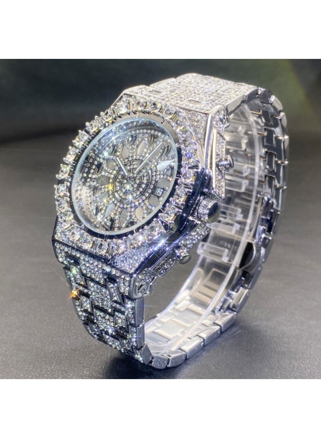 MISS FOX MISSFOX Watch Iced Out Bling Full Diamond Mens Watch V366, 30M Waterproof Luxury Hip Hop Quartz Wrist Watch with Calendar, Stainless Steel Case Alloy Bracelet Watch - Image 2