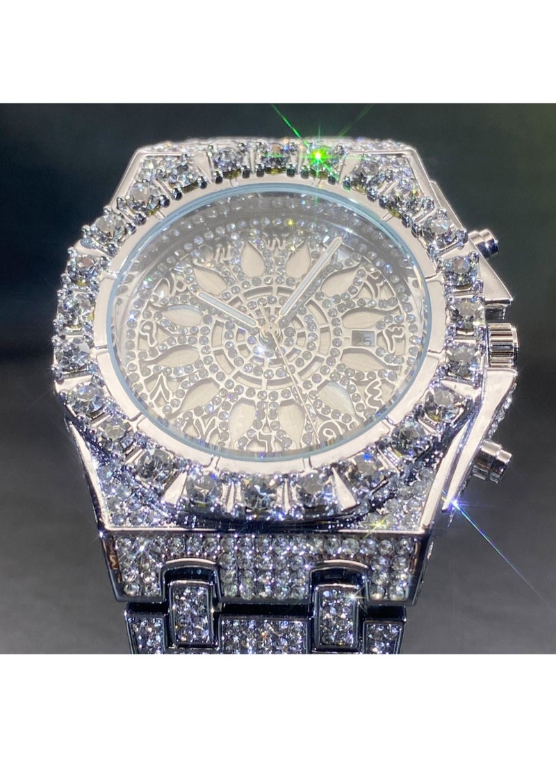 MISS FOX MISSFOX Watch Iced Out Bling Full Diamond Mens Watch V366, 30M Waterproof Luxury Hip Hop Quartz Wrist Watch with Calendar, Stainless Steel Case Alloy Bracelet Watch - Image 4