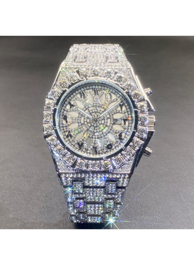 MISS FOX MISSFOX Watch Iced Out Bling Full Diamond Mens Watch V366, 30M Waterproof Luxury Hip Hop Quartz Wrist Watch with Calendar, Stainless Steel Case Alloy Bracelet Watch - Image 1