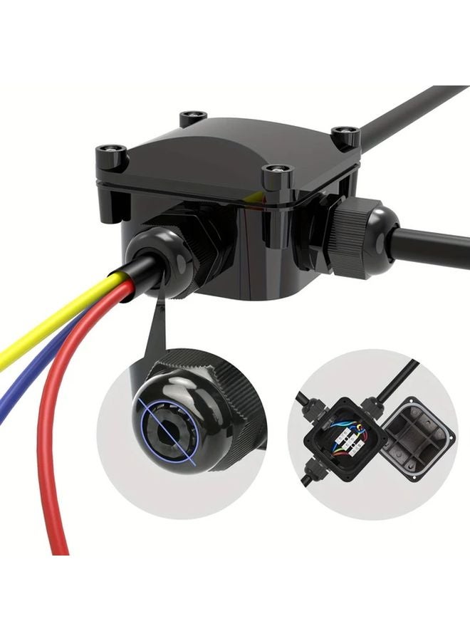 Black 3 Way Multi Port Electrical Junction Box Weather Resistant Cable Connector - Image 2