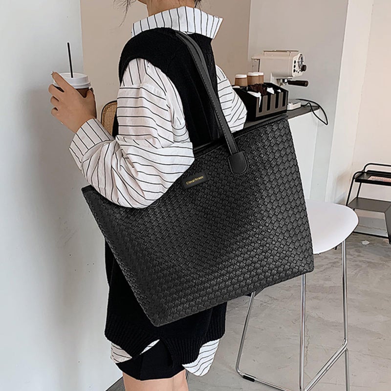CinvaiKrose Leather Tote Bag For Women, Shoulder Tote Bag With Zipper, Woven Pattern Large Capacity For Work And Trip - Image 2