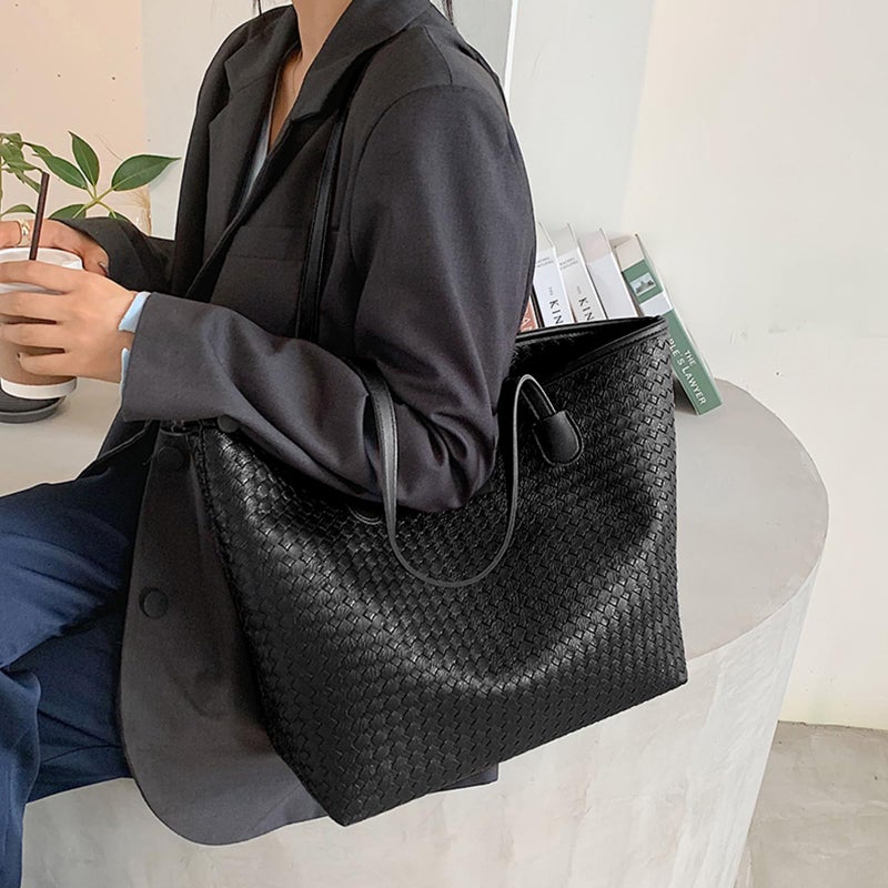 CinvaiKrose Leather Tote Bag For Women, Shoulder Tote Bag With Zipper, Woven Pattern Large Capacity For Work And Trip - Image 3