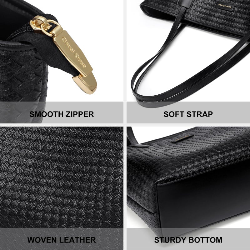 CinvaiKrose Leather Tote Bag For Women, Shoulder Tote Bag With Zipper, Woven Pattern Large Capacity For Work And Trip - Image 4