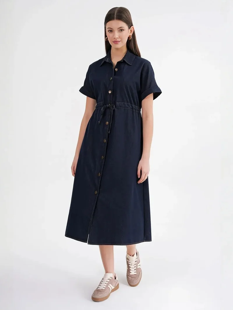 ميكسراي MIXRAY Midi Denim Shirt Dress with Button Closure
