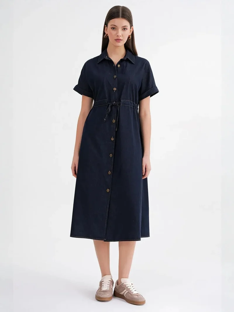ميكسراي MIXRAY Midi Denim Shirt Dress with Button Closure