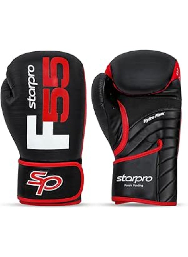 ستاربرو قفازات ملاكمة احترافية - قفازات كرونوس من الجلد الصناعي للملاكمة التايلاندية والكيك بوكسينغ والقتال واللياقة البدنية | 283 جم و340 جم و397 جم و454 جم | أسود وأحمر F55 من ستاربرو - Image 1