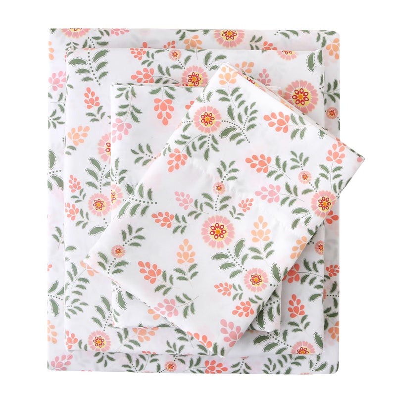 Mooreeke Cozy Vintage Microfiber Printed Full Sheet Set - Soft & Breathable Pink Round Floral Bed Sheets with Extra Deep Pocket - Non-Slip Fitted Design - Pink Round Flowers Green Leaves Pattern - Image 1