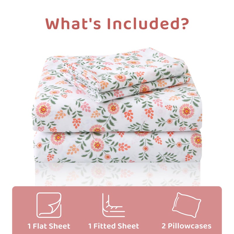 Mooreeke Cozy Vintage Microfiber Printed Full Sheet Set - Soft & Breathable Pink Round Floral Bed Sheets with Extra Deep Pocket - Non-Slip Fitted Design - Pink Round Flowers Green Leaves Pattern - Image 2