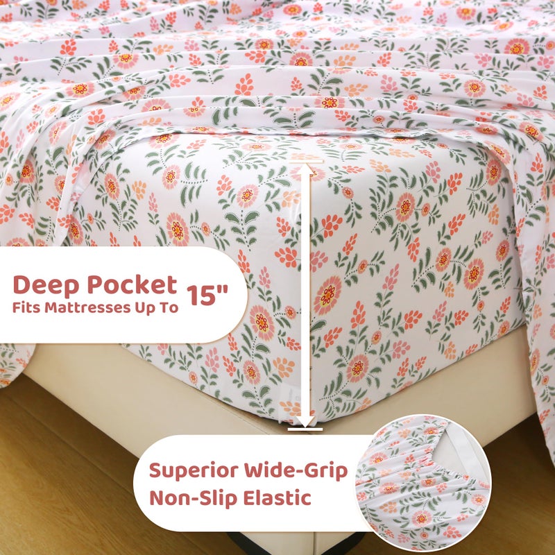 Mooreeke Cozy Vintage Microfiber Printed Full Sheet Set - Soft & Breathable Pink Round Floral Bed Sheets with Extra Deep Pocket - Non-Slip Fitted Design - Pink Round Flowers Green Leaves Pattern - Image 4