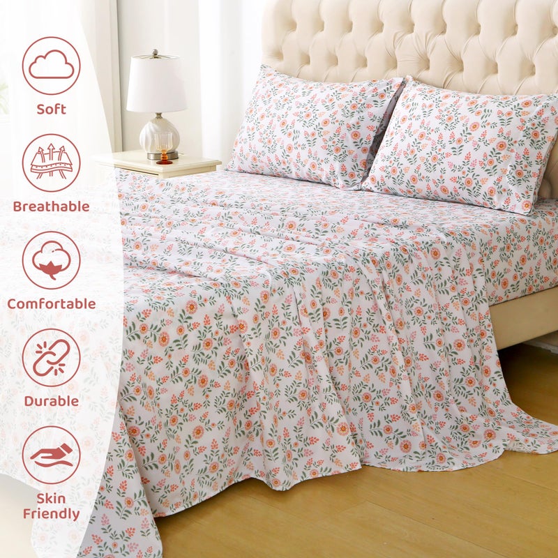 Mooreeke Cozy Vintage Microfiber Printed Full Sheet Set - Soft & Breathable Pink Round Floral Bed Sheets with Extra Deep Pocket - Non-Slip Fitted Design - Pink Round Flowers Green Leaves Pattern - Image 3