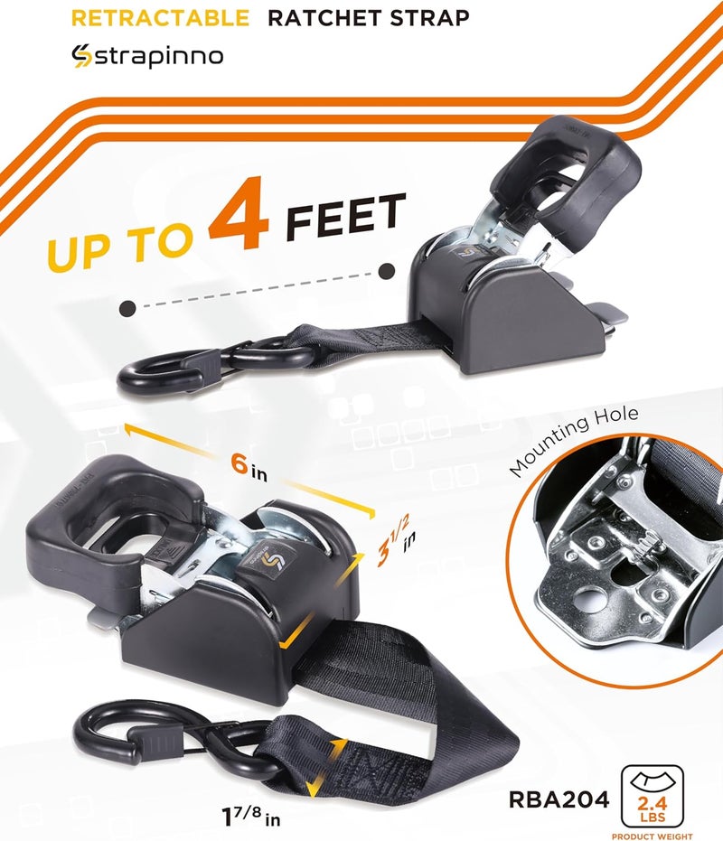 Strapinno 2PCS Retractable Ratchet Straps (1 7/8 in x 4 ft) Heavy Duty Transom Tie Downs for Boat, PWC Trailer - Extra Mounting Brackets & Bolt Set,Safety Latch S-Hook,Break Strength 2,600LBS/1,180KG - Image 3