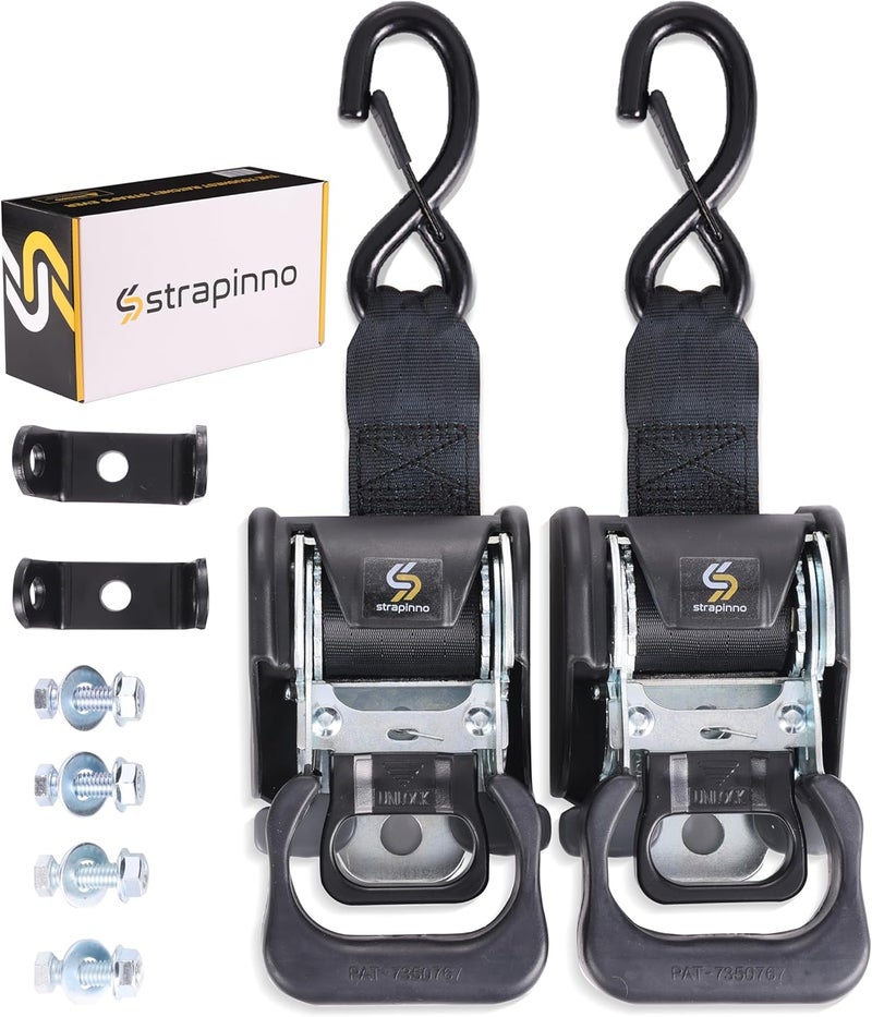 Strapinno 2PCS Retractable Ratchet Straps (1 7/8 in x 4 ft) Heavy Duty Transom Tie Downs for Boat, PWC Trailer - Extra Mounting Brackets & Bolt Set,Safety Latch S-Hook,Break Strength 2,600LBS/1,180KG - Image 1