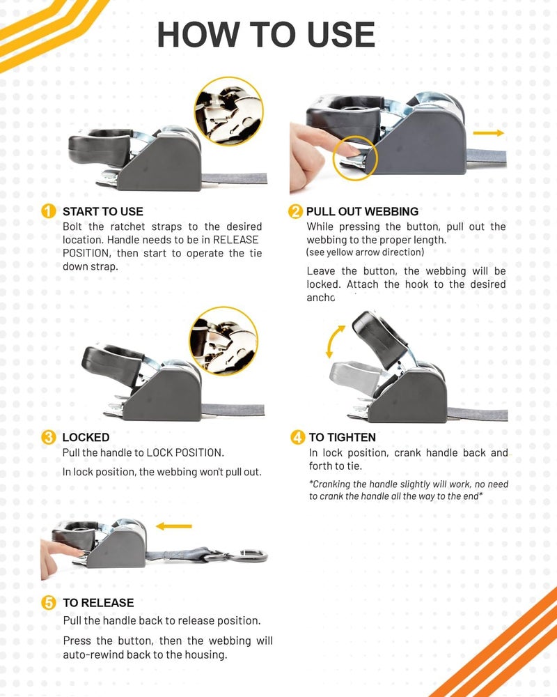 Strapinno 2PCS Retractable Ratchet Straps (1 7/8 in x 4 ft) Heavy Duty Transom Tie Downs for Boat, PWC Trailer - Extra Mounting Brackets & Bolt Set,Safety Latch S-Hook,Break Strength 2,600LBS/1,180KG - Image 4