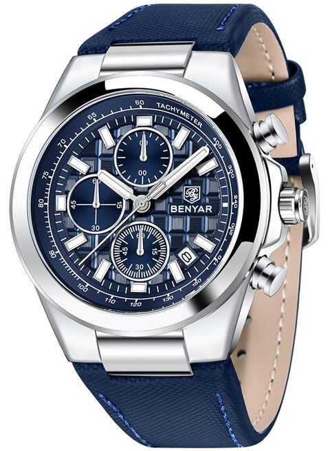 Men's Luxury Quartz Watches, 42MM Stainless Steel Waterproof Frame, Date Display, Luminous Hands, Chronograph, Silver Blue Dial, Leather Strap, Fashionable And Elegant, BY-5206
