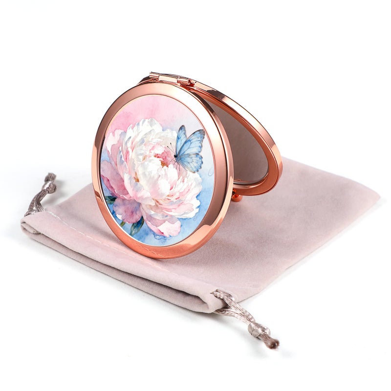 Dynippy Compact Mirror Rose Gold Makeup Mirror Folding Mini Pocket Mirror Portable Hand Mirror Double-Sided 2 x 1x Magnification for Woman Girls (A-Peony Butterfly) - Image 1