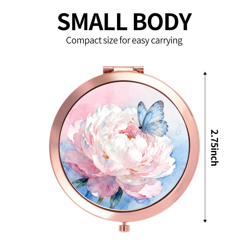 Dynippy Compact Mirror Rose Gold Makeup Mirror Folding Mini Pocket Mirror Portable Hand Mirror Double-Sided 2 x 1x Magnification for Woman Girls (A-Peony Butterfly) - Image 2
