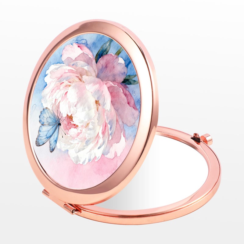 Dynippy Compact Mirror Rose Gold Makeup Mirror Folding Mini Pocket Mirror Portable Hand Mirror Double-Sided 2 x 1x Magnification for Woman Girls (A-Peony Butterfly) - Image 3