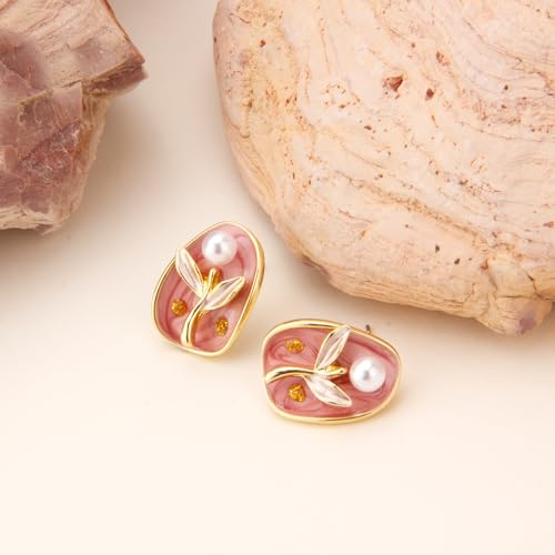 Wynameleri Elegant Enamel Flower Stud Earrings Pink Floral Design Trendy Women's Ear Jewelry - Image 4