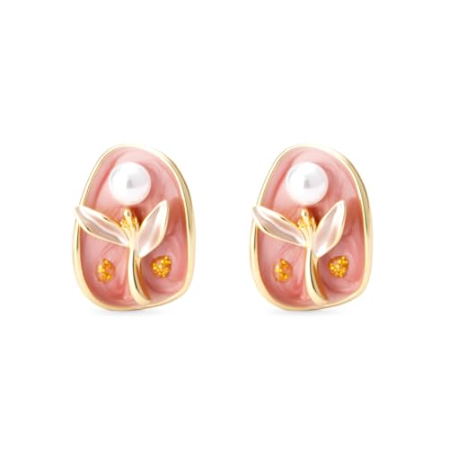 Wynameleri Elegant Enamel Flower Stud Earrings Pink Floral Design Trendy Women's Ear Jewelry - Image 1