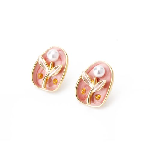Wynameleri Elegant Enamel Flower Stud Earrings Pink Floral Design Trendy Women's Ear Jewelry - Image 2