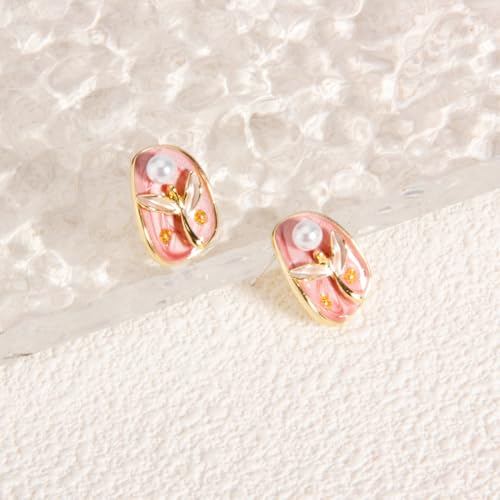 Wynameleri Elegant Enamel Flower Stud Earrings Pink Floral Design Trendy Women's Ear Jewelry - Image 5