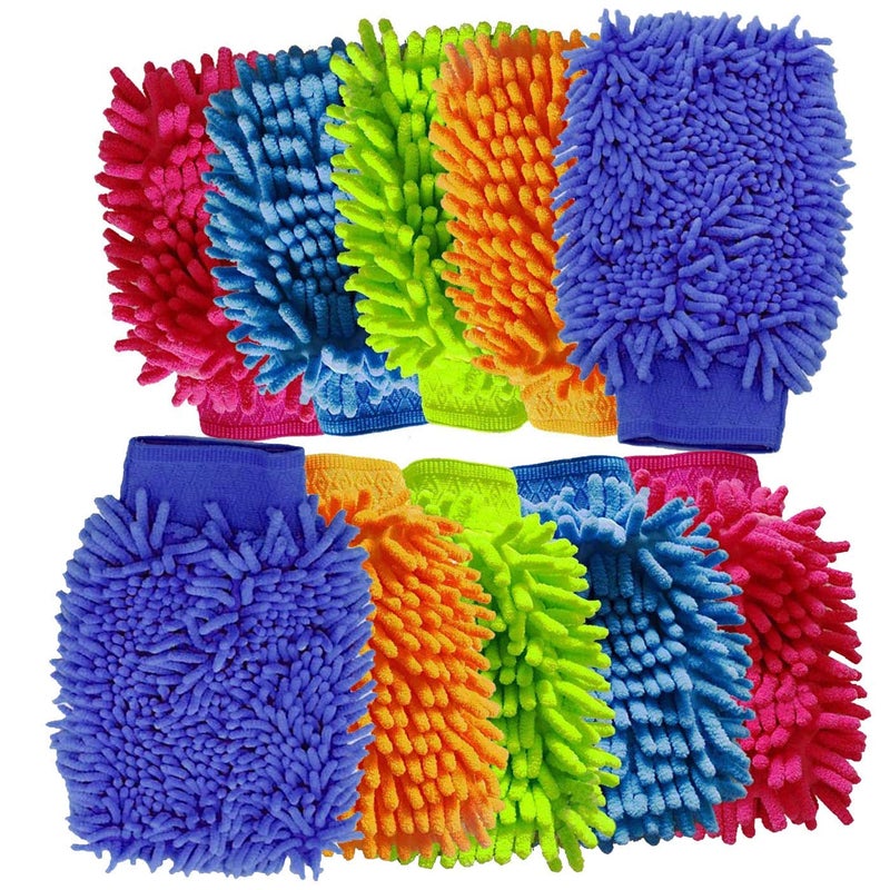 SynSo SynSo 10 Pcs Pack 10 Multupurpose Cleaning Mitten Gloves Wash Mitt Chenille Microfiber Car Wash Gloves Lint Free Scratch Free Double Sided Use Wet or Dry Random Colors 