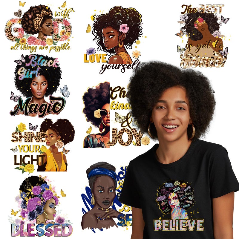 Shejdgart Dtf Transfers Ready to Press - 9 Pcs Black Girl Iron on Transfers for T-shirts Heat Transfer Vinyl Stickers African Black Women Iron on Patches Decals for Clothes Bag Pillow DIY Fabric Decor - Image 1