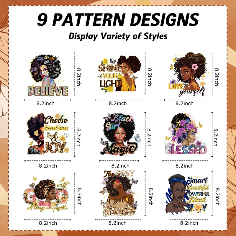 Shejdgart Dtf Transfers Ready to Press - 9 Pcs Black Girl Iron on Transfers for T-shirts Heat Transfer Vinyl Stickers African Black Women Iron on Patches Decals for Clothes Bag Pillow DIY Fabric Decor - Image 2