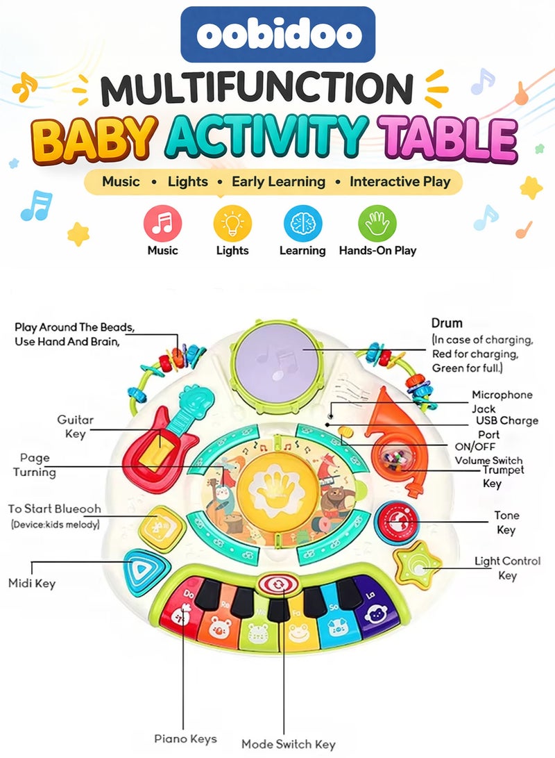 oobidoo Baby Activity Table Multifunction Learning Table with Bluetooth Music Player & USB Rechargeable Lithium Battery, Sit & Stand Play Toy with Lights, Sounds, Rotating Music Panel, Piano Keyboard, Drum, Guitar, Trumpet, Early Development Educational Toy for Babies Toddlers 6-36 Months Boys Girls - Image 2