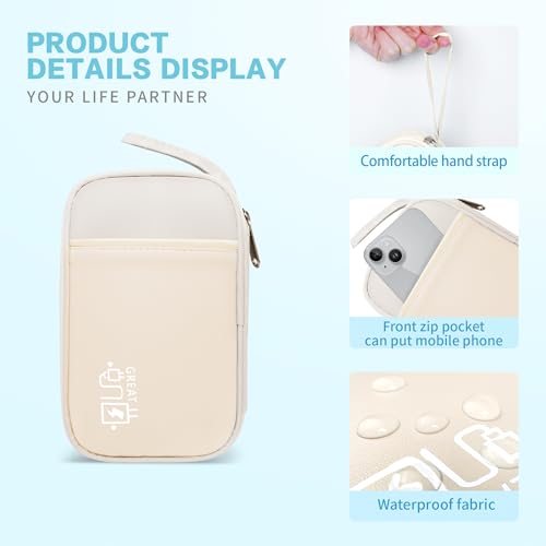 Lcsmaokin Electronics Travel Organizer,Portable Waterproof Electronic Travel Storage Bag for Small Charging Cord Storage,Charger,Small Electronics,SD Card,with 5 Cable Ties,for Travel,Business-Beige - Image 4