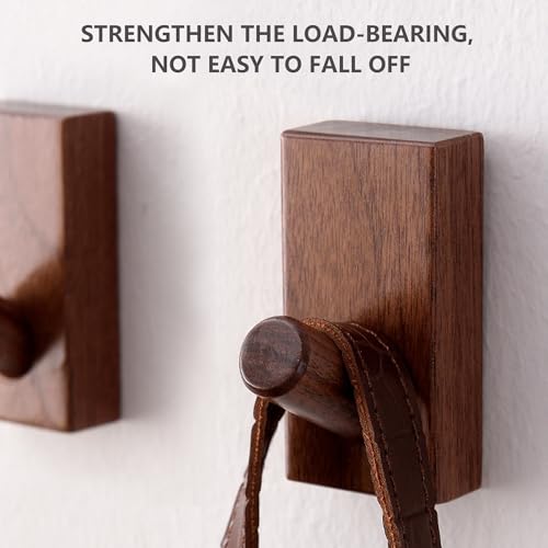 QUELLANCE Wood Coat Hooks Wall Mounted - 4 Pack Wooden Wall Hooks for Hanging Robe & Towel, Natural Handmade Hat Hooks Heavy Duty(Walnut Wood) - Image 2