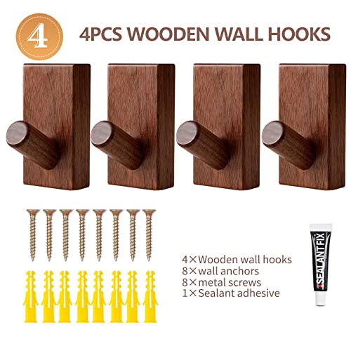 QUELLANCE Wood Coat Hooks Wall Mounted - 4 Pack Wooden Wall Hooks for Hanging Robe & Towel, Natural Handmade Hat Hooks Heavy Duty(Walnut Wood) - Image 5