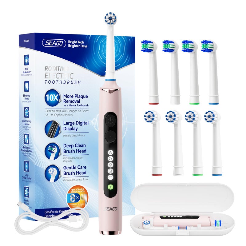 SEAGO Rotating Electric Toothbrush for Adults 8 Replacement Heads 4 Soft4 Hard IPX7 Waterproof 5 Modes with Memory Function 2Minute Timer USB TypeC Rechargeable SG2607Pink - Image 2