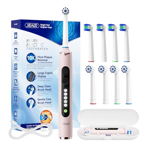 SEAGO Rotating Electric Toothbrush for Adults 8 Replacement Heads 4 Soft4 Hard IPX7 Waterproof 5 Modes with Memory Function 2Minute Timer USB TypeC Rechargeable SG2607Pink - Image 1