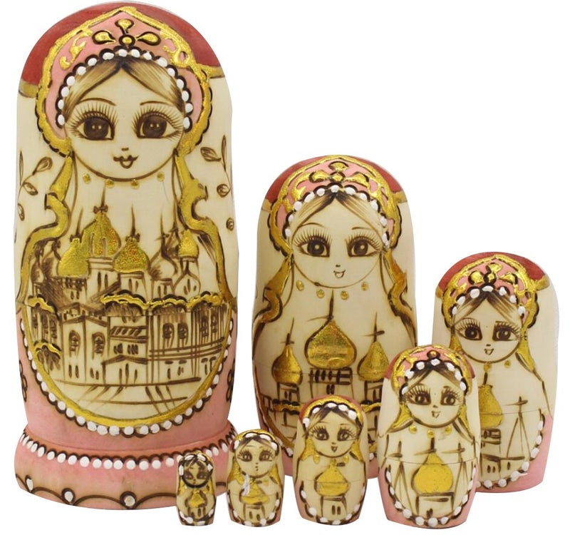 Winterworm Cutie Handmade Wooden Traditional Russian Girl in Moscow Kremlin Traditional Russian Nesting Dolls Matryoshka Dolls Set 7 Pieces for Kids Toy Home Decoration - Image 2