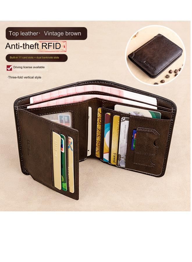 بانيانو محفظة رجالية من الجلد الطبيعي RFID مضادة للسرقة، محفظة عمودية من جلد البقر من الطبقة الأولى باللون البني - Image 1