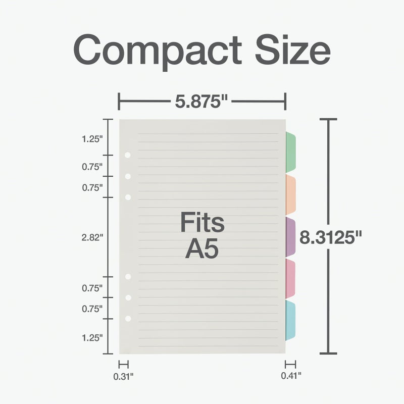 Oxford A5 Refill Paper, 6 Ring Lined Paper with Pastel Binder Dividers, 5 Tabs, 120 Sheets, 6 x 8.25 Inches, Notebook, Bullet Journal and Planner Inserts (1016731) - Image 2