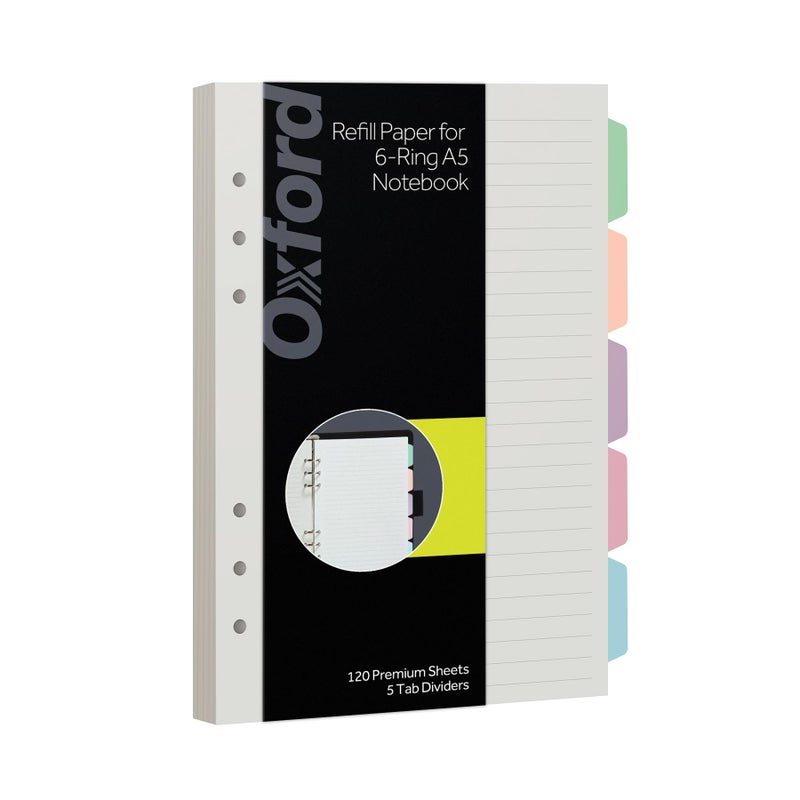 Oxford A5 Refill Paper, 6 Ring Lined Paper with Pastel Binder Dividers, 5 Tabs, 120 Sheets, 6 x 8.25 Inches, Notebook, Bullet Journal and Planner Inserts (1016731) - Image 1