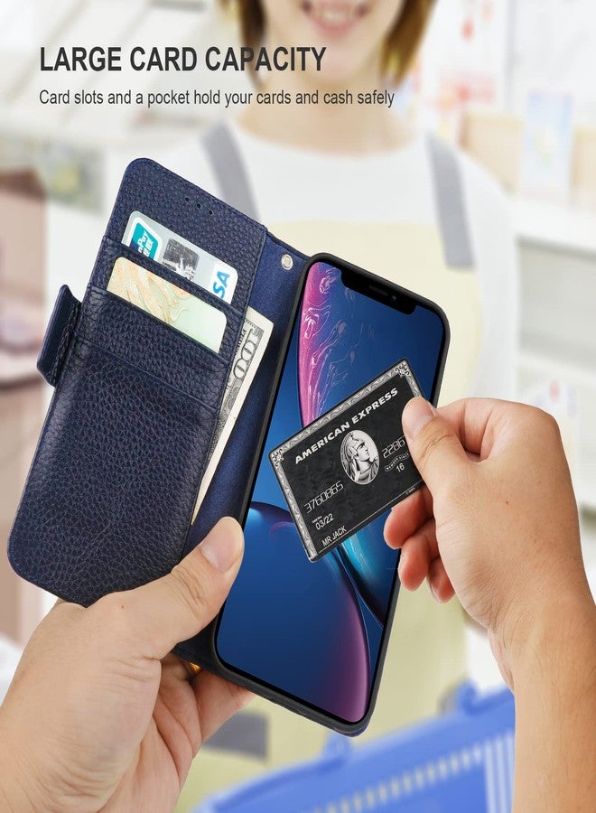 Bocasal Wallet Case for iPhone XR, Genuine Leather Support Wireless Charging RFID Blocking Flip Case Card Slots Holder, Kickstand Book Folding Folio Cover with Wrist Strap 6.1 Inch (Royal Blue) - Image 4