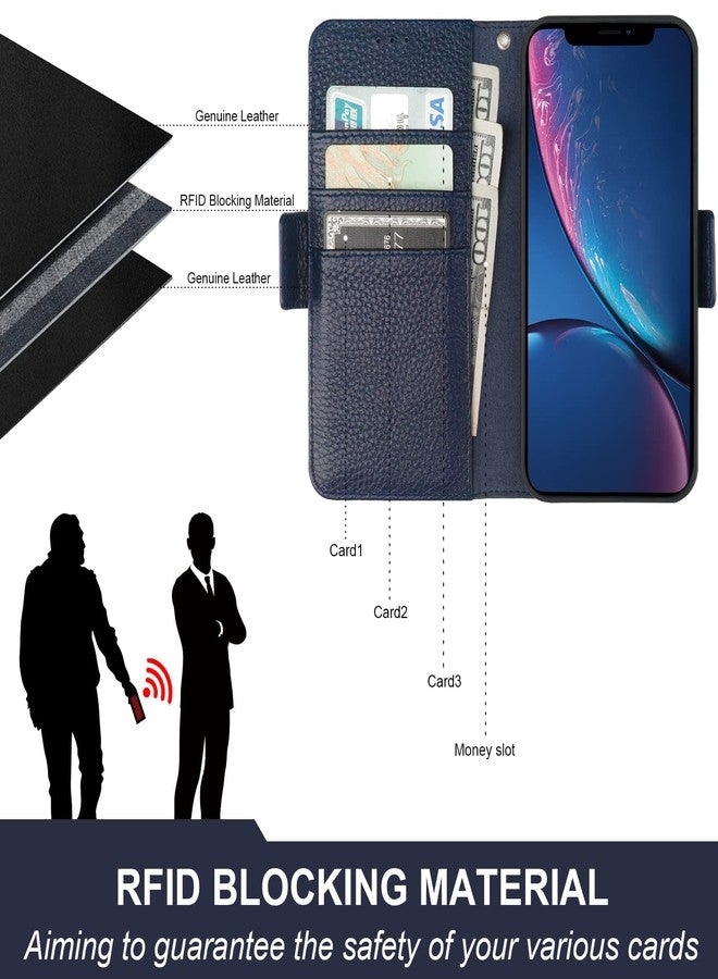 Bocasal Wallet Case for iPhone XR, Genuine Leather Support Wireless Charging RFID Blocking Flip Case Card Slots Holder, Kickstand Book Folding Folio Cover with Wrist Strap 6.1 Inch (Royal Blue) - Image 3