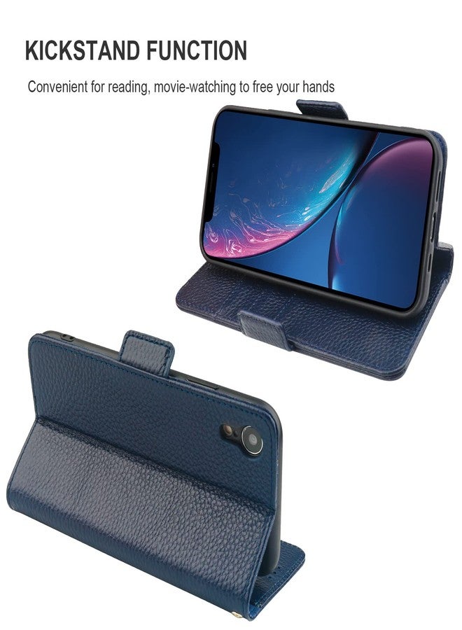 Bocasal Wallet Case for iPhone XR, Genuine Leather Support Wireless Charging RFID Blocking Flip Case Card Slots Holder, Kickstand Book Folding Folio Cover with Wrist Strap 6.1 Inch (Royal Blue) - Image 5