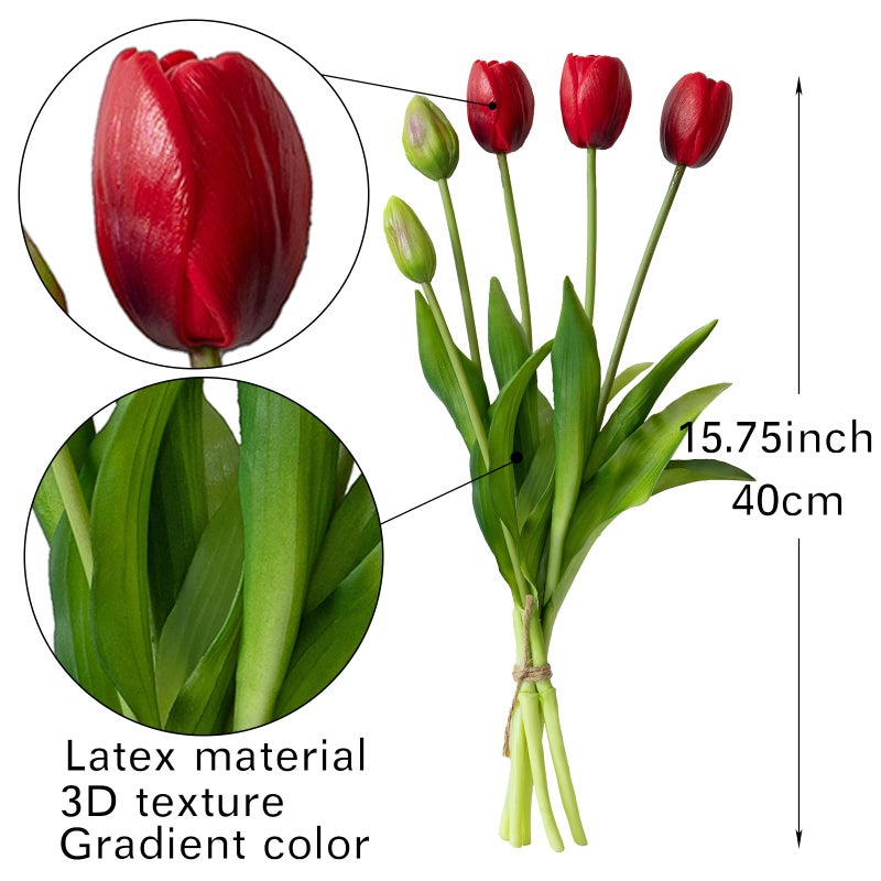 DUYONE 15pcs Artificial Tulips Flowers, Latex Bouquet, Fake Tulips for Office Wedding Party Home Kitchen Garden Decoration-B Red - Image 2